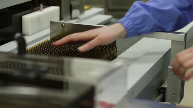 High-definition footage of an automated cleanroom assembly where glass ampoules are washed, filled with injectable medication, sterilized, and hermetically sealed. Showcases precision robotics, strict