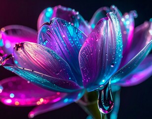 Mystic Bloom: A mesmerizing close-up of a lotus flower, its petals drenched in an ethereal blend of vibrant blues and radiant purples, a singular water drop delicately poised.