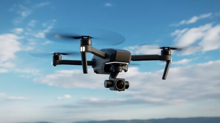 Modern quadcopter drone with camera flying high against a cloudy blue sky