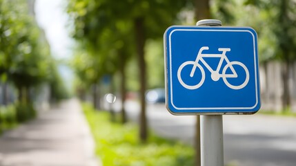 Mandatory route designation sign for cycles is displayed next to a tree lined urban pathway