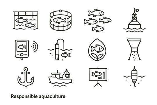 Feeding anchor fish vector icon aquaculture device set sensor net eco quality