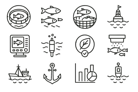 Sensor school trawler sonar anchor water feeding icon icons sustainable aquaculture vector