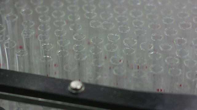 High-definition footage of an automated cleanroom assembly where glass ampoules are washed, filled with injectable medication, sterilized, and hermetically sealed. Showcases precision robotics, strict