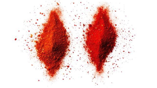 Two abstract red flame shapes with sparkling particles isolated on transparent background