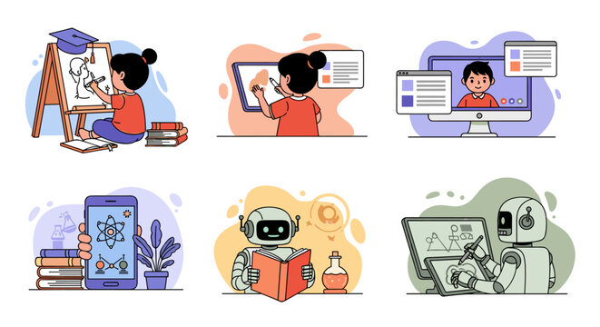 Diverse Learning Methods Illustration: Students using Easel, Tablet, Computer, Smartphone with Science App, Robot Reading Book, Robot Creating Art on Graphic Tablet for Education Technology in Modern