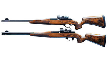 Two ornate wooden hunting rifles with scopes isolated on transparent background