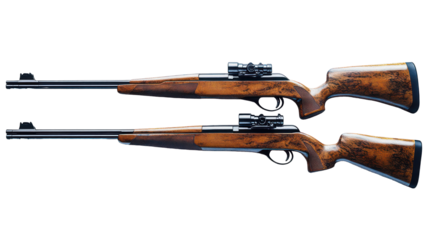 Two ornate wooden hunting rifles with scopes isolated on transparent background