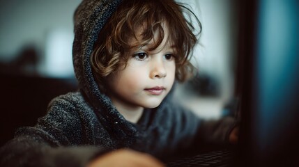 Fototapeta premium A young child with curly hair wearing a hoodie engrossed in looking at a computer screen symbolizing learning and digital engagement