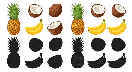 Tropical Fruit Still Life Composition Featuring Pineapple, Coconut, and Bananas with Shadows Isolated on White Background for Healthy Eating, Summer Vacation, and Nutrition Concepts Illustration Vecto