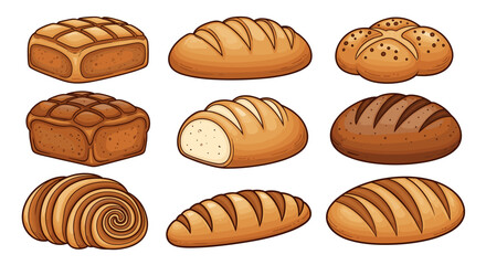 Artisanal Baked Goods Collection, Assorted Loaves Displayed, Perfect for Bakery Menu, Cafe Poster, Fresh Food Blog, Restaurant Promotion. Variety of Breads;  Sourdough, Swirl, & Square. Illustrative S