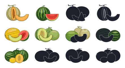 Fototapeta premium Assorted Melons Displayed with Slices on White Background: Colorful Watermelon, Cantaloupe, Honeydew, for Healthy Eating Education, Summer Advertising, Farm to Table Lifestyle, Nutritional Illustratio