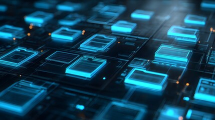 Glowing digital representations of electronic folders populate a dark, intricate network surface