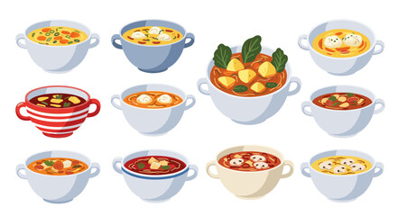 Assorted Soups in Bowls: A Culinary Collection Displaying Various Savory Broths and Garnishes for Restaurant Menus and Recipe Books Featuring Different Flavor Profiles & Textures in Diverse Vessels, a