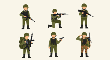Diverse Military Personnel Illustrations: Soldiers in Action Poses Representing Armed Forces, Defense, and Security Operations in Various Tactical Scenarios, Ideal for Training Manuals, Infographics,