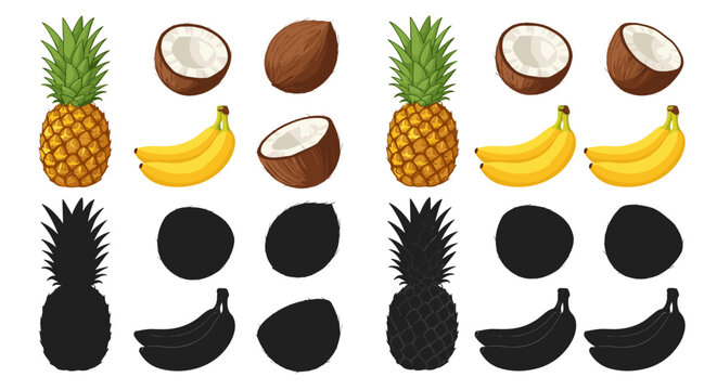 Tropical Fruit Still Life Composition Featuring Pineapple, Coconut, and Bananas with Shadows Isolated on White Background for Healthy Eating, Summer Vacation, and Nutrition Concepts Illustration Vecto