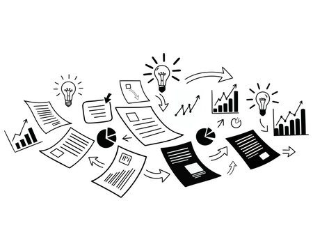 Vector art of hand drawn documents and charts with light bulbs