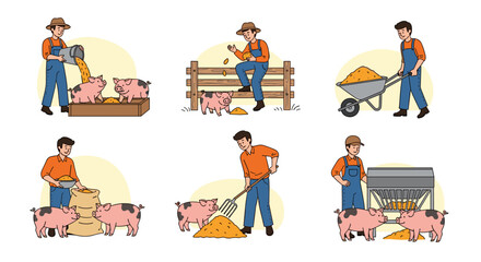 Pig Farming Lifecycle Illustration: Farmer Feeding Pigs with Grain on Animal Farm, Showing Agricultural Practices, Livestock Management, Rural Lifestyle, Veterinary Healthcare, Sustainable Agriculture