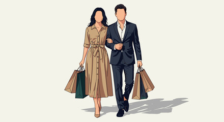 Stylish Couple Shopping Together Downtown in Modern Cityscape - Sophisticated Man and Woman Enjoying Retail Therapy, Urban Lifestyle, Fashion Outing, Consumerism, Leisure Activity, Advertising, Market