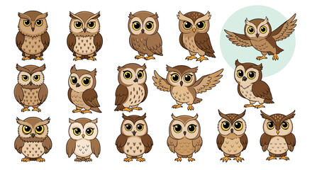 Cute Cartoon Owls Collection Posing on White Background - Adorable Owls with Big Eyes, Diverse Poses for Children's Illustration, Education, Wildlife Conservation, Animated Characters, Woodland Creatu
