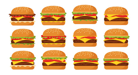 Delicious Burgers Assortment for Fast Food Advertising & Marketing Designs: Fresh Cheeseburgers & Hamburgers with Sesame Buns for Restaurant Menu Presentation & Online Delivery Posters in a Fun, Casua