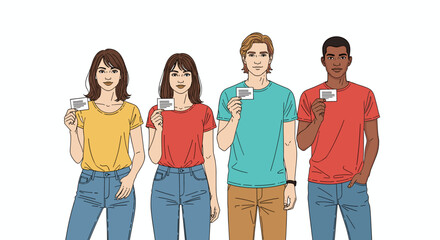 Diverse Professionals Holding Business Cards at Conference: Teamwork, Networking Event, Modern Business, Collaboration, Communication, Marketing, Presentation, Information, Connection, Credentials, Id