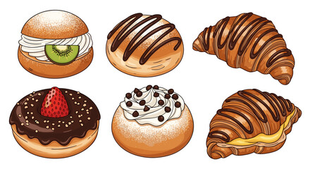 Artistic Pastries and Desserts Displayed on White Background Featuring Delicious Chocolate Croissants, Cream-Filled Buns, and Glazed Donuts for Bakery Menus, Cafe Advertising, and Confectionery Presen