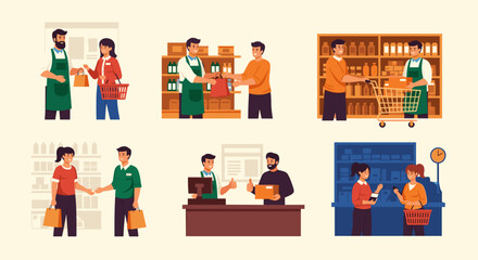Grocery Shopping Experience with Diverse Customers Interacting with Store Clerks in Varied Scenarios: A Focus on Retail, Commerce, Customer Service, and Positive Interactions Depicted in Flat Vector I