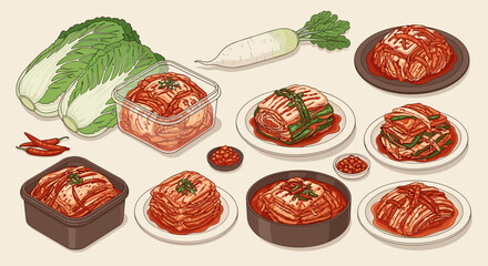 Assortment of Korean Kimchi Preparation Featuring Napa Cabbage, Daikon Radish, Chili Peppers, Fermentation in Jars and Plates Displayed, Showcasing Traditional Cuisine for Culinary, Lifestyle, and Cul