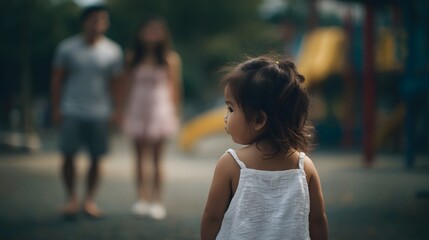 A young child in the foreground looks away from blurred parents and playground equipment