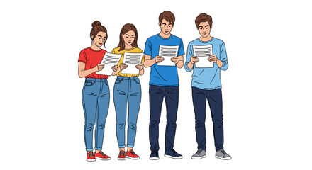 Diverse Group Reading Documents Together in Casual Setting, Discussing Project Plans for Business Education, Teamwork Collaboration,  Modern Professional Development, Checking Reports, Analyzing Infor