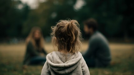 Obraz premium Young child gazes at blurred parents in park suggesting family connection and future security