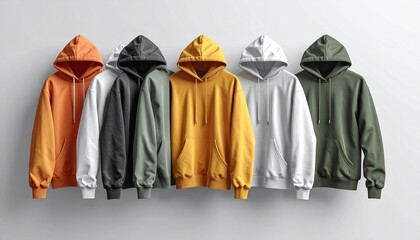 Six hoodies in bold and neutral tones line up against a soft gray fashion backdrop.