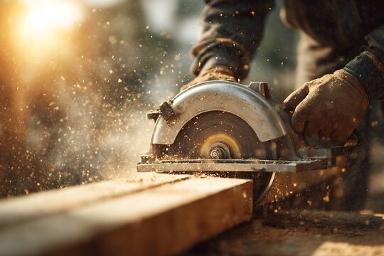Carpenter cutting wood plank with circular saw
