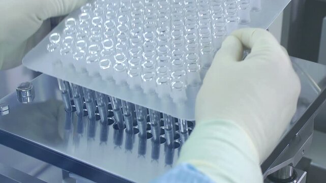 High-definition footage of an automated cleanroom assembly where glass ampoules are washed, filled with injectable medication, sterilized, and hermetically sealed. Showcases precision robotics, strict