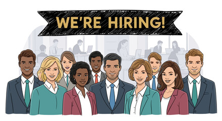 Diverse Business Team Announcing Hiring Opportunities in Modern Office Environment, Seeking Talented Professionals for Career Growth, Corporate Culture Recruitment, Employment, and Career Development,