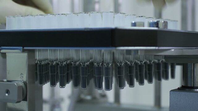 High-definition footage of an automated cleanroom assembly where glass ampoules are washed, filled with injectable medication, sterilized, and hermetically sealed. Showcases precision robotics, strict