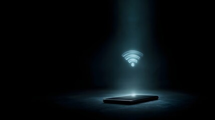 A glowing Wi Fi symbol emanates from a smartphone in a dark futuristic setting