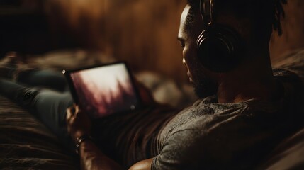 Man wearing headphones relaxes while watching content on tablet in a dark room