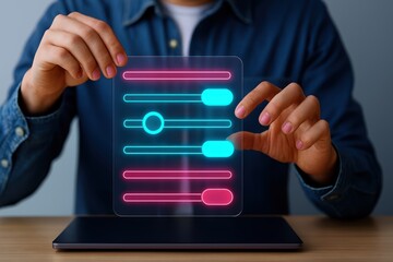 Dynamic user experience with glowing sliders for intuitive control, perfect for modern app interfaces and technology promotions, emphasizing ease of use and innovation