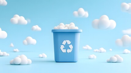 Blue recycling container filled with white fluffy clouds set against a bright sky background
