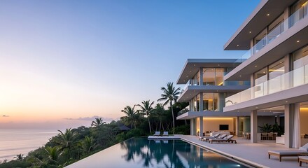 Fototapeta premium Serene Twilight Glow on a Modern Hillside Villa with an Ocean View Infinity Pool.