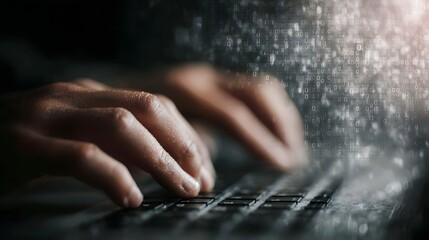 Close up of hands typing on a laptop keyboard with an abstract binary code overlay
