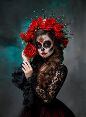 art photography portrait creative body art woman sugar skull make-up beauty face eyes lips...