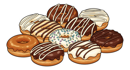 Delicious Donuts Assortment: Sweet Treats for Celebrations, Bakeries, and Dessert Lovers – Colorful Pastries with Chocolate, Vanilla, and Sprinkles for Breakfast, Snacks, Parties, or Food Illustration