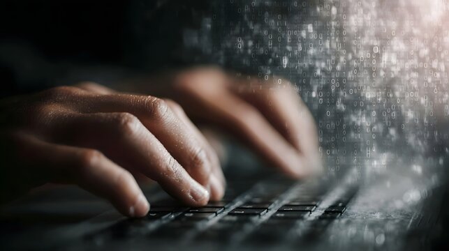 Close up of hands typing on a laptop keyboard with an abstract binary code overlay - Powered by Adobe
