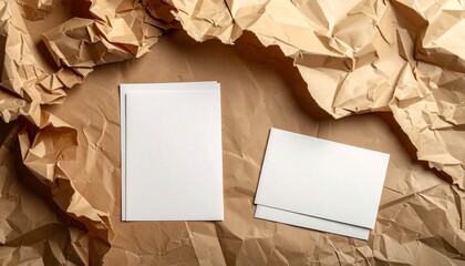 Two blank white sheets rest on crumpled brown paper, contrasting smoothness with organic texture.