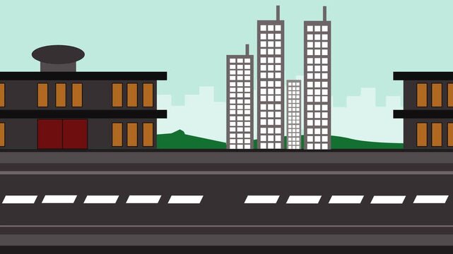 Seamless loop of cartoon city street with buildings, road, and skyline under a clear sky. Perfect animated urban background for an explainer or video scene.