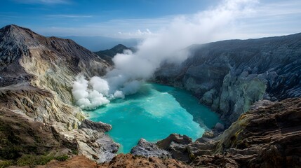 Volcanic crater features an intensely turquoise acidic lake emitting large plumes of sulfurous vapor
