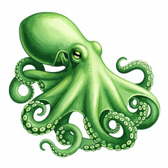 Green octopus illustrated in detailed, vibrant style showcasing ocean creature with swirling tentacles and textured skin. Detailed green octopus artwork displays complex anatomy and striking color.