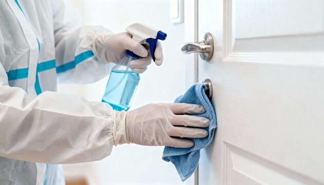 Hands in protective gloves and a hazmat suit spraying and wiping a door handle for thorough disinfection.